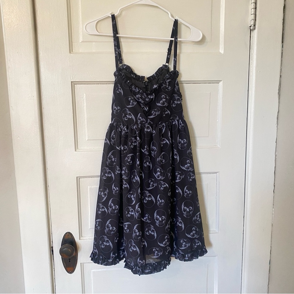 SOURPUSS Empire Waist Ruffle Goth Skull Spaghetti Strap Women's Dress Size M